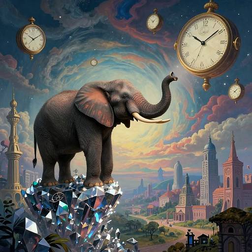 Fantastical digital art of an elephant standing on crystal shards, raising trunk to large clock, surreal cityscape and clocks in background.