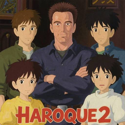 Digital anime-style illustration of a muscular, fair-skinned man with short brown hair, flanked by four younger boys with black spiky hair, wearing