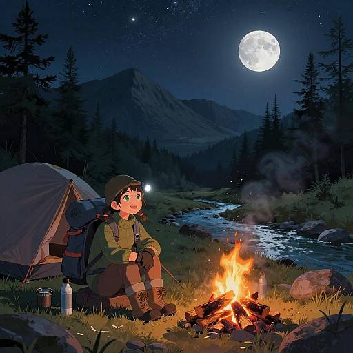 Digital illustration of a young boy with a headlamp, sitting by a campfire under a full moon, beside a tent, with a river and forest