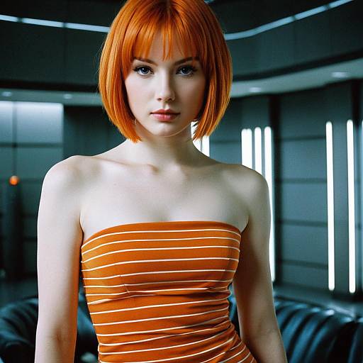 Woman in Orange Strapless Dress with Short Hair