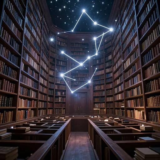 Photograph of a dimly lit, starry library with glowing constellations overhead, wooden bookshelves filled with books, and empty reading desks