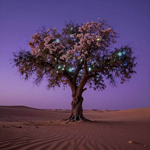 Photograph of a desert tree with pink blossoms, illuminated by blue and white fairy lights, set against a twilight purple sky. Sand dunes stretch