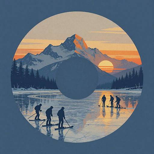 Retro Silhouette Ice Fishing Landscape