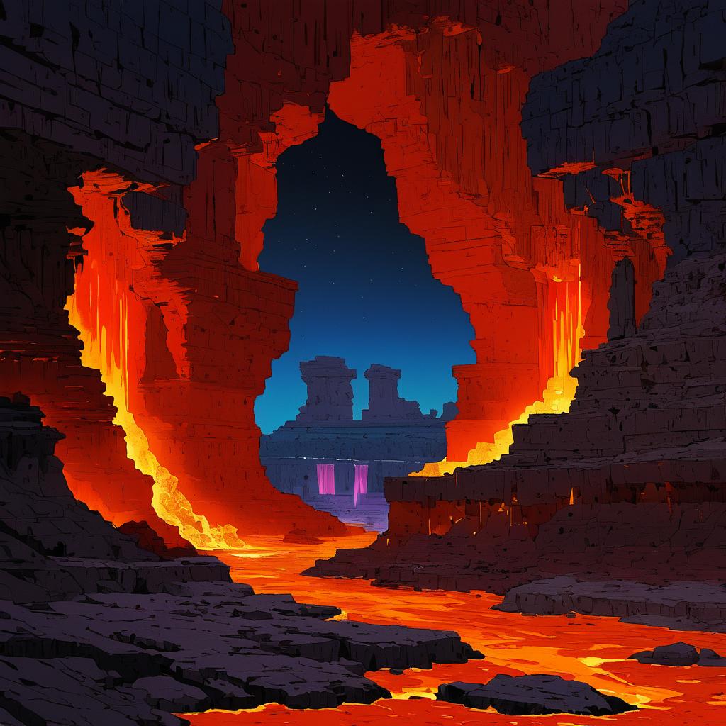 Ancient Ruins in Magma Caverns at Twilight