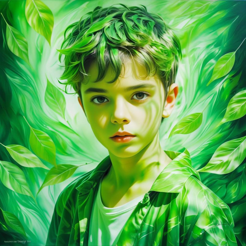 Misty Portrait of a Boy with Leaves