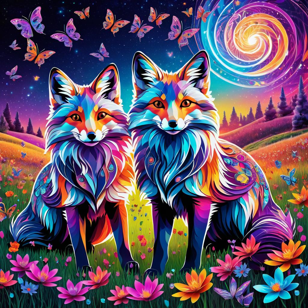 Vibrant Psychedelic Foxes in Meadow