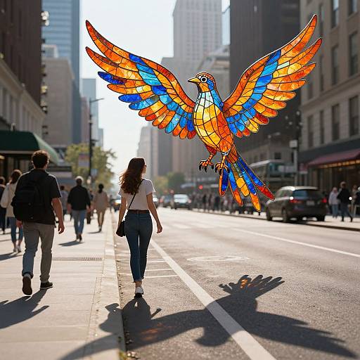 Photograph of a woman with long brown hair, white shirt, and blue jeans, walking on a city street, holding a large, vibrant, orange