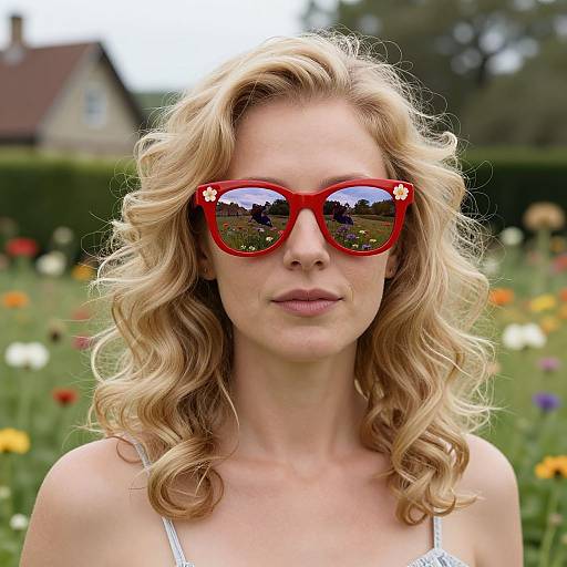 Photograph of a blonde woman with curly hair, wearing red oversized sunglasses, reflecting a garden, in a colorful flower field.