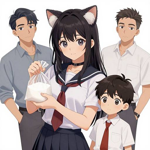 Anime Woman with Cat Ears and Boy