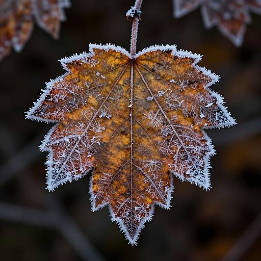 Photograph of a single autumn leaf with white frosty edges, displaying rich orange and brown hues against a dark, blurred background.