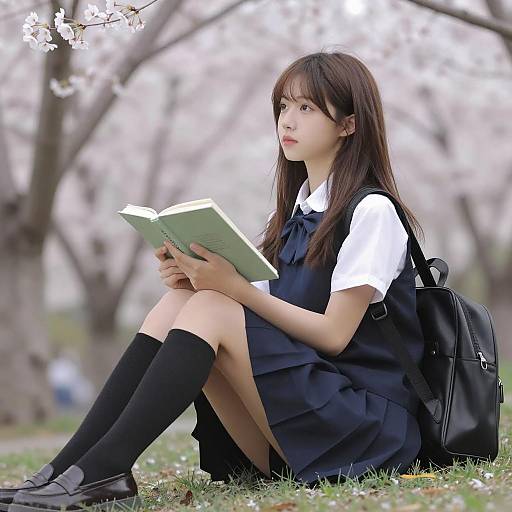 Calm Asian Schoolgirl Amidst Cherry Blossoms