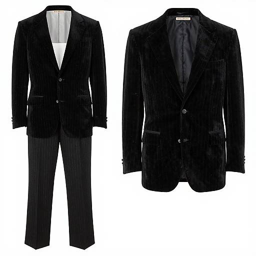 Photograph of a black pinstripe blazer and matching pants, displayed separately, against a white background. The blazer has a single button and