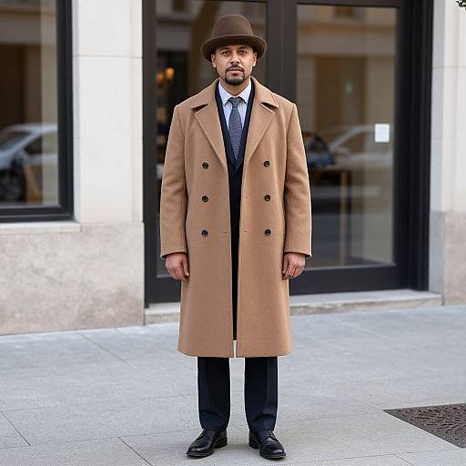 Photograph of a bearded man in a tan double-breasted overcoat, brown hat, white shirt, blue tie, black pants, and black