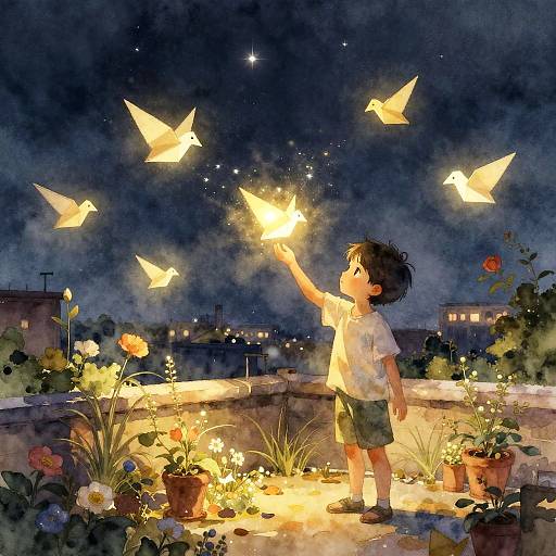 Whimsical watercolor painting of a young boy on a rooftop, reaching for glowing birds, surrounded by potted flowers at night.