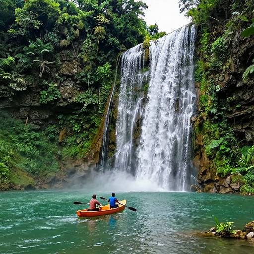 Photograph of two people in an orange kayak at the base of a tall, cascading waterfall surrounded by lush, green jungle.