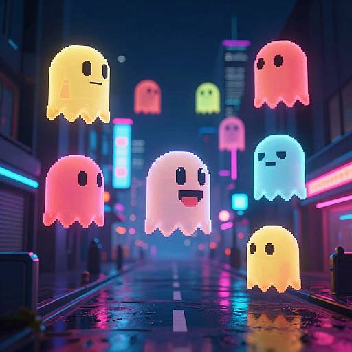 Neon Pac Man Ghosts in Cyberpunk City