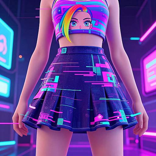 Digital illustration of a woman in a neon cyberpunk outfit: purple crop top with rainbow streak, black skirt with colorful digital patterns, standing in a futuristic