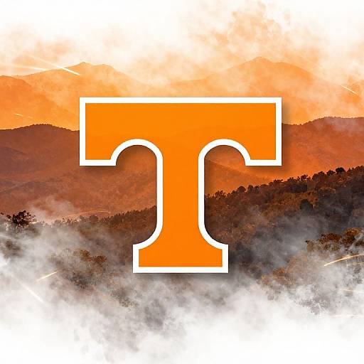 Photograph of a sunset over misty mountains with an orange, bold 