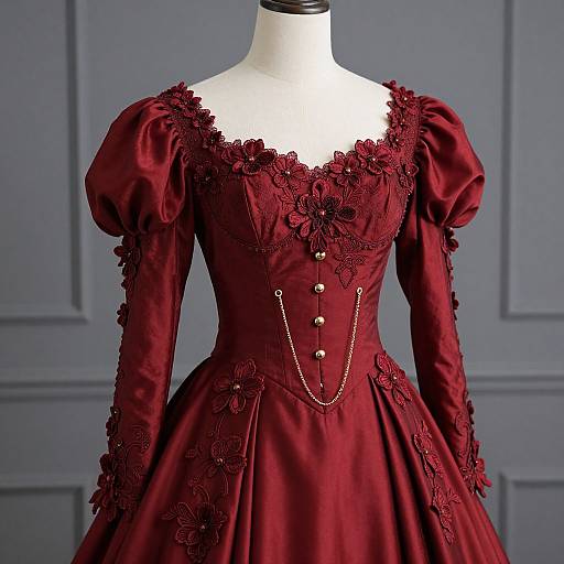 Photograph of a maroon Victorian dress with puffed sleeves, floral lace embroidery, gold buttons, and chain detail, displayed on a white manne