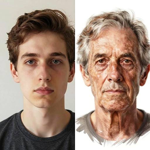 Photograph of a young man with short brown hair and fair skin on the left, and an elderly man with gray hair and wrinkled skin on the