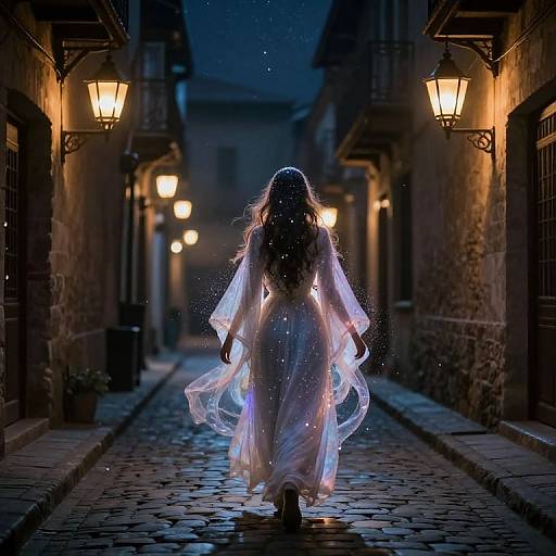 Photograph of a silhouetted woman in a flowing white dress, glowing in a dim, cobblestone alley at night with illuminated lanterns