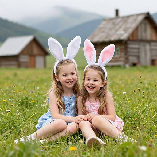 Photograph of two smiling young girls with white bunny ears, sitting in a grassy field, wearing blue and pink dresses, with rustic wooden houses and