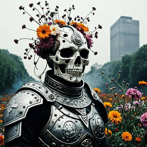 Flowered Warrior with Skull Mask in Urban Garden