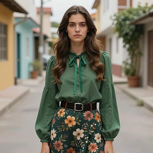 Young Woman in Green Blouse and Floral Skirt