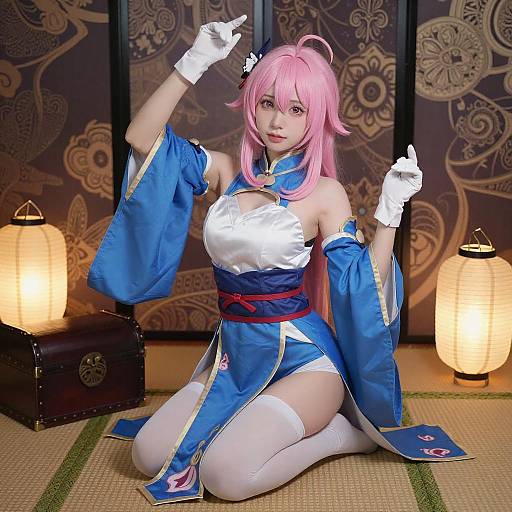 Anime Pink-Haired Woman on Tatami