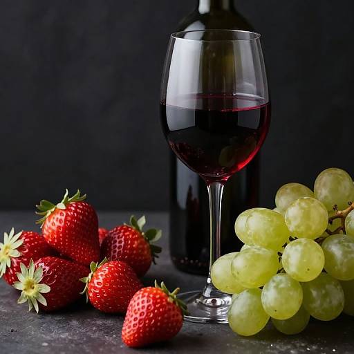 Photograph of a dark background with a glass of red wine, green grapes, and bright red strawberries on a gray surface.