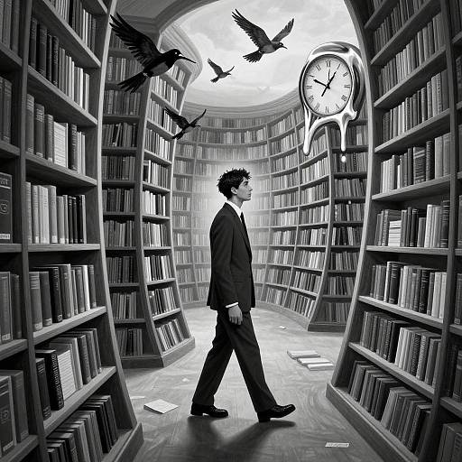 Black-and-white digital art of a suited man walking through a curved, towering library with crows and a clock above.