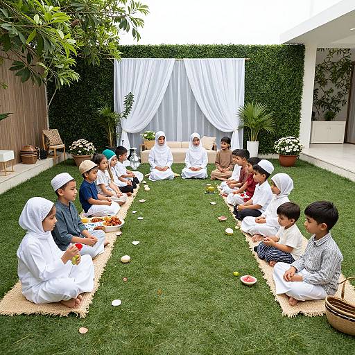 Photograph of diverse group of Asian men and boys in white attire, sitting on a grass lawn, sharing food under white curtains.