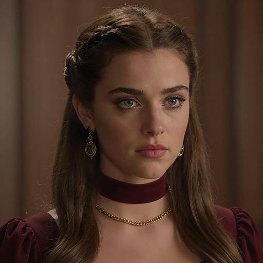 Portrait of Young Woman with Braided Hair and Maroon Dress