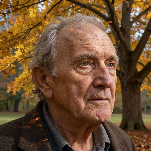 Photograph of an elderly man with gray hair, wrinkles, and a serious expression, standing outdoors in autumn with yellow leaves.