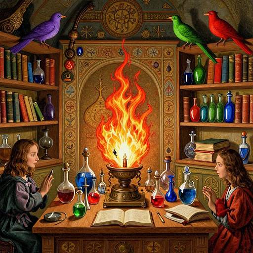 Magical library scene: two girls with wands, colorful birds, flaming cauldron, alchemical flasks, and books, illuminated by vibrant