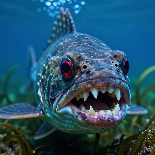 Photograph of a fierce, underwater anglerfish with red eyes, large white teeth, and a gaping mouth, surrounded by blue ocean and seaweed