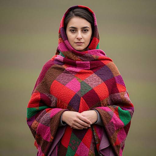 Woman in Vibrant Quilted Shawl