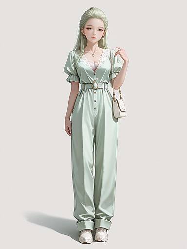 Digital illustration of a pale-skinned, green-haired woman in a light green, loose, short-sleeved romper with a belt and white shoes