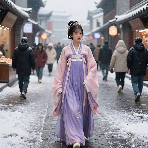 Hanfu Beauty on Snowstorm Night Street