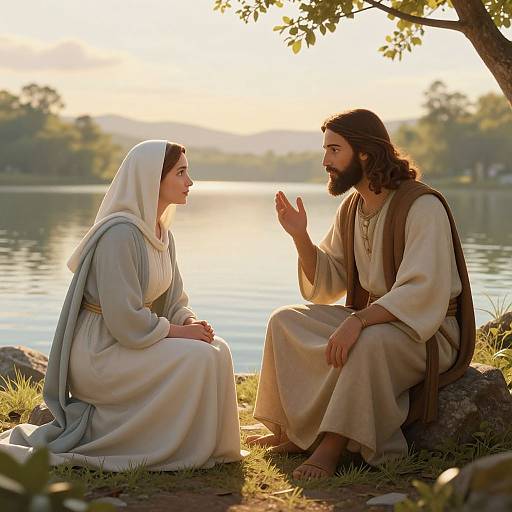 Photograph of a sunlit, serene lakeside scene featuring a bearded Jesus with long hair and a woman in a white veil and blue dress,
