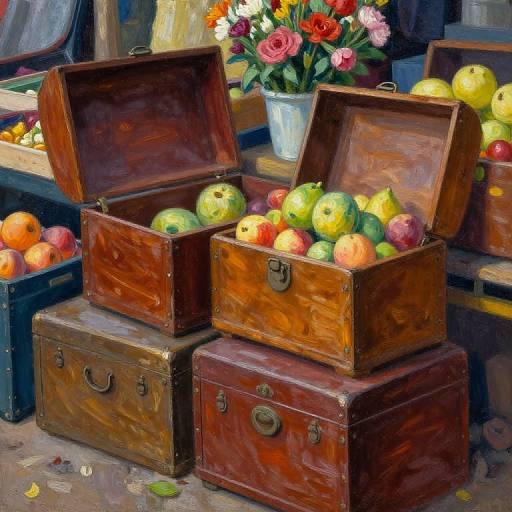 Vibrant oil painting of three wooden trunks filled with colorful apples, one trunk open, with a flower bouquet in the background.