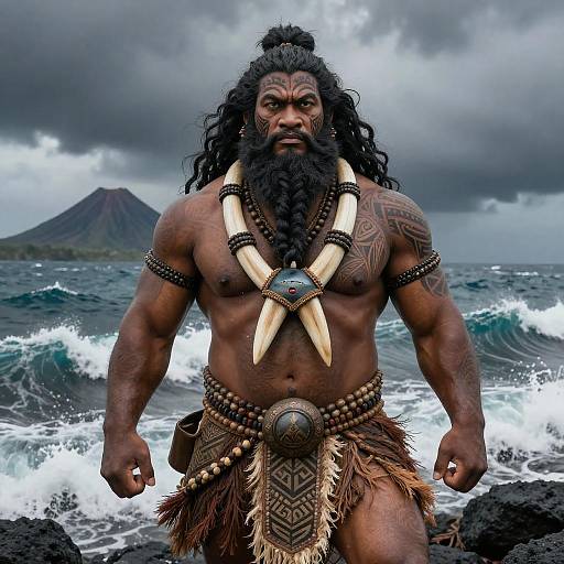 Photograph of a muscular, dark-skinned man with long black hair and beard, wearing tribal attire with large ivory tusks and a mountainous,