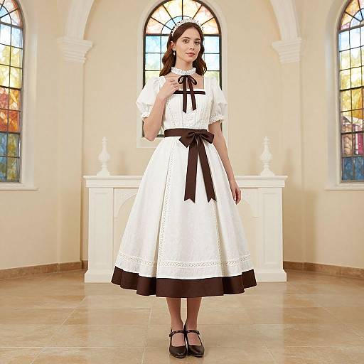 Photograph of a young woman in a white, Victorian-style dress with black ribbon and trim, standing in a bright, church-like room with stained glass