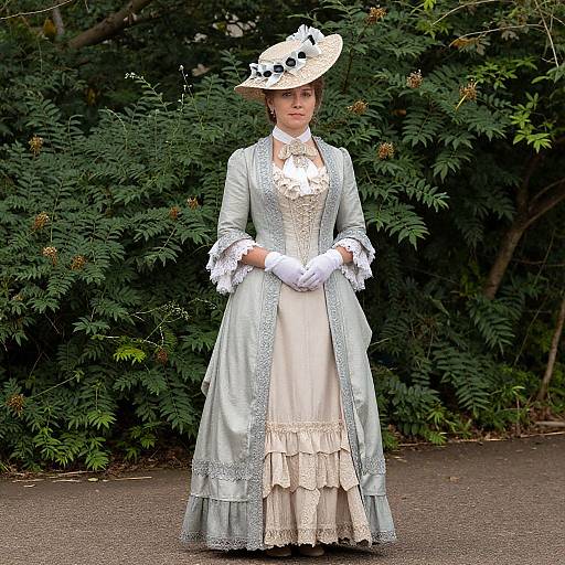 Photograph of a woman in a Victorian-style light blue dress with lace trim, white gloves, and hat, standing in front of dense green foliage.