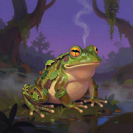 Digital illustration of a large, green frog with yellow-orange eyes, sitting on a lily pad in a misty, purple forest at night, with