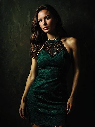 Elegant Woman in Black Lace Evening Dress