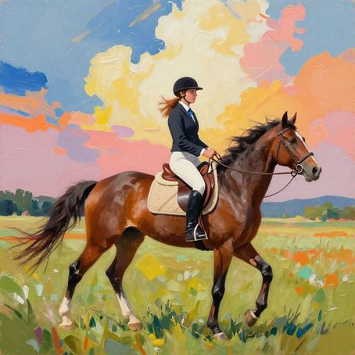 Digital painting of a woman in equestrian attire, riding a brown horse in a vibrant, colorful meadow with a bright sunset sky.