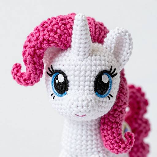 Photograph of a white and pink yarn crochet amigurumi pony with large blue eyes and pink curly mane against a white background.