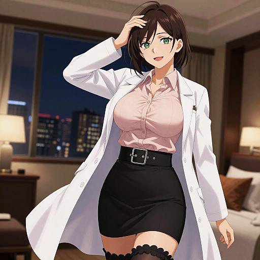 Anime-style digital illustration of a green-eyed, black-haired woman in a white lab coat, pink blouse, black skirt, and thigh garter, standing