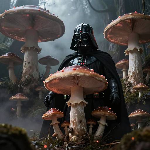 Photorealistic digital art: Darth Vader stands amidst a dense forest of large, red-capped mushrooms, their gills and stems detailed, mist swirling
